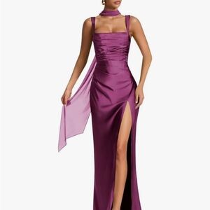 Elegant Satin Evening Gown in Plum with Matching Scarf